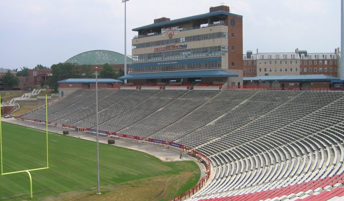 Football stadium with empty stands in daylight